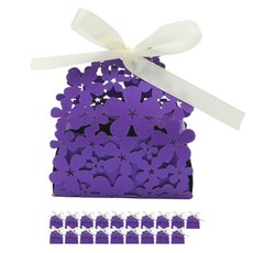 Donna&deco 花朵鏤空回禮盒 20入 + 緞帶 20入, 深紫色(盒子), 奶油白(緞帶), 1套