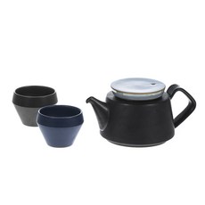 空氣線條鐵茶壺 小 黑色+茶杯 方形 深藍色+黑色, 1套, 小水壺+茶杯2p
