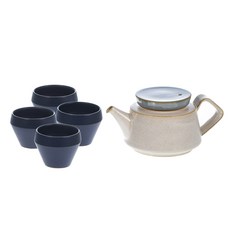 空氣二線茶壺 小 米色+茶杯 方形 深藍色 4入, 1套, 小水壺+茶杯4p