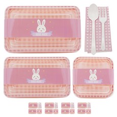 도나앤데코 체크 대 핑크 5p + 체크 소 핑크 5p + 체크 미니 핑크 5p + 핸드메이드 방긋토끼띠지 15p + 스푼 포크 5p + 냅킨 핑크체크 5p, 1세트, 용기(대 + 소 + 미니) + 띠지 + 스푼 + 포크 + 냅킨