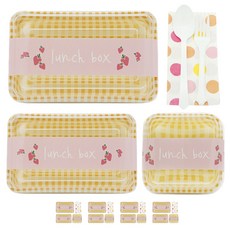 도나앤데코 체크 대 노랑 5p + 체크 소 노랑 5p + 체크 미니 노랑 5p + 딸기띠지 15p + 스푼 포크 5p + 냅킨 오렌지혼합 5p, 1세트, 용기(대 + 소 + 미니) + 띠지 + 스푼 + 포크 + 냅킨