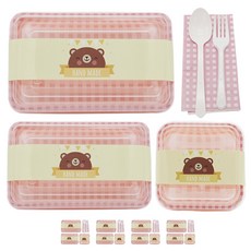 도나앤데코 체크 대 핑크 5p + 체크 소 핑크 5p + 체크 미니 핑크 5p + 핸드메이드 곰 노랑띠지 15p + 스푼 포크 5p + 냅킨 핑크체크 5p, 1세트, 용기(대 + 소 + 미니) + 띠지 + 스푼 + 포크 + 냅킨