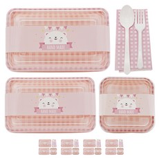 도나앤데코 체크 대 핑크 5p + 체크 소 핑크 5p + 체크 미니 핑크 5p + 핸드메이드 곰 핑크띠지 15p + 스푼 포크 5p + 냅킨 핑크체크 5p, 1세트, 용기(대 + 소 + 미니) + 띠지 + 스푼 + 포크 + 냅킨