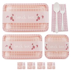 도나앤데코 체크 대 핑크 5p + 체크 소 핑크 5p + 체크 미니 핑크 5p + 딸기띠지 15p + 스푼 포크 5p + 냅킨 핑크체크 5p, 1세트, 용기(대 + 소 + 미니) + 띠지 + 스푼 + 포크 + 냅킨