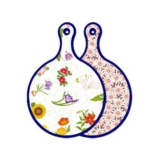 ROEM DESIGN 藍色版 雙面設計圓形上菜砧板 山茶花, 紫色花朵圖案, 1個