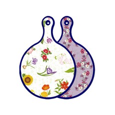 Roem Design 藍色版 雙面設計圓形上菜砧板 山茶花, 碧藍色花朵, 1個