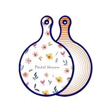 ROEM DESIGN Blue Edition 雙面圓形上菜板砧板 粉彩花卉圖案, 白菜線條橘色, 1個