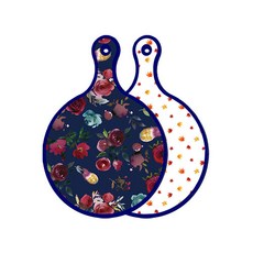 Roem Design 藍色版 雙面圓形上菜板 砧板 藍色調花朵, 落葉白板, 1個