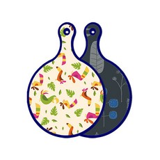 ROEM DESIGN 藍色版 雙面圓形上菜砧板 八哥鳥淡黃色, 深藍木紋, 1個