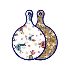 Roem Design 藍色版雙面圓形餐用砧板 雞圖案, 土色花朵, 1個