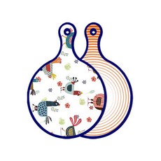 Roem Design 藍色版雙面圓形餐用砧板 雞圖案, 白菜線條橘色, 1個