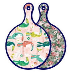 Roem Design 藍色版 雙面圓形上菜砧板 九官鳥粉紅色, 黑綠色花園花卉, 1個