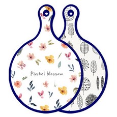 Roem Design 藍色版雙面圓形上菜砧板 粉彩花朵圖案, 木質線條藝術圖案, 1個