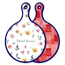 Roem Design 藍色版 雙面圓形上菜砧板 粉彩花朵圖案, 長短色格紋, 1個