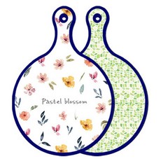 Roem Design 藍色版 雙面圓形上菜砧板 粉彩花朵圖案, 綠色磚紋, 1個