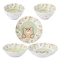 兒童小熊餐具5件組, 混色, 飯碗+湯碗+盤子(13.5cm+16.5cm)+義大利麵盤