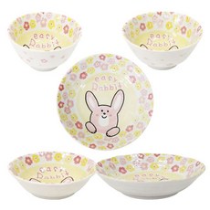 兒童兔子餐具5件組, 混色, 飯碗+湯碗+盤子(13.5cm+16.5cm)+義大利麵盤