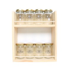 HAND-FACTORY 圓形小款金色蓋調味罐8入 + 雙層Hand Factory大型木製調味罐架 + Kitchen Box標籤, 1套, 3種