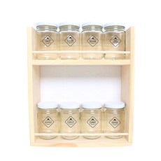 HAND-FACTORY 圓形小號調味罐 白色蓋 8入 + Hand Factory 2層調味罐木製層架 大 + Nice Food 標籤, 1套, 3種