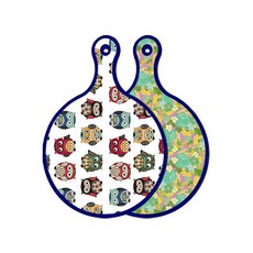 Roem Design 藍色版 雙面圓形上菜砧板板 Cute貓頭鷹, 藍綠色玫瑰藤, 1個