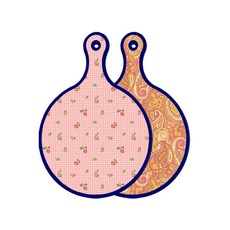 ROEM DESIGN 藍色版 雙面設計圓形上菜板 粉紅花朵格紋, 紅黃色線條藝術, 1個