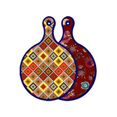 Roem Design藍色版雙面圓形上菜砧板 格紋線條鑽石, 紫紅色花朵藝術圖案, 1個