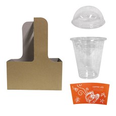 한컵 PET 아이스컵 24온스 98파이 100p + PET 돔뚜껑 98파이 100p + 주황 커피잔 홀더 100p + 캐리어 무지 25p, 1세트