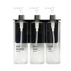 생활만 사각투명 디스펜서 실버캡 3p + 베이비샴푸 + 베이비워시 + 베이비오일 심플네임 라벨 + 거치대, 1세트
