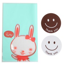 黃家便當 無背膠美味兔子袋 100入 + 大微笑圓形貼紙 100入, 1套