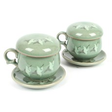 예다온 도자기 청자 상감 삼학 부부 다기세트 케이스 255 x 220 x 100 mm, 1세트