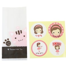 黃氏便當 M號餅乾袋 貓咪 100入 + 貼紙 戀人 少女 100入, 1套