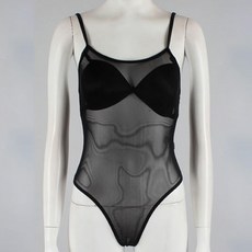 CHORUSLINE 細肩帶網紗 One Nine 緊身連體衣C, 黑色