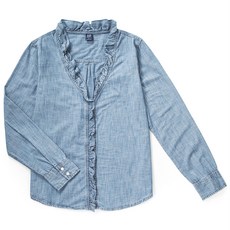 갭 여성 긴팔 러플트림 샴브레이 블라우스