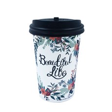 로앤그린 투고팩 플라워 종이컵 390ml + 블랙 타공 뚜껑 세트, 50개입, 1세트