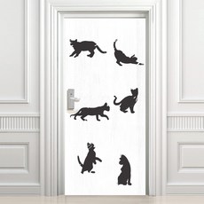 Design Supul 玄關門貼紙 復古貓咪剪影 高級木紋, 白色