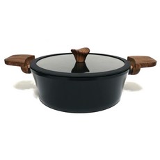 Kitchen-Art Ottimo系列電磁爐適用陶瓷塗層木柄雙耳淺湯鍋, 24cm, 黑色 棕色, 1組