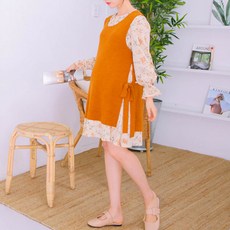 孕婦雪紡長袖連身裙+綁帶背心套裝