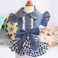 슈퍼식스 반려동물 러블리 데님 체크무늬 레이스 슬리브 원피스, 1개