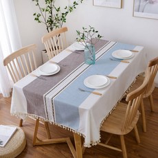 April16 北歐風亞麻極簡流蘇桌巾, 棕色 + 藍色, 90 x 140 cm