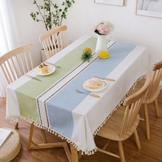 April16 北歐風格 亞麻 簡約流蘇 桌巾, 綠色 + 藍色, 90 x 90 cm