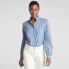 갭 여성용 롱 슬리브 러플 모크넥 블라우스 인 샴브레이