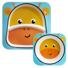 fisher-price 費雪 圖案印花防滑方形餐盤+方形餐碗組, 長頸鹿款