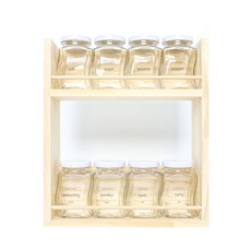 핸드팩토리 양념통 웨이브 스몰 8p + 2단 양념통 우드선반 + 트리플라인 라벨, 1세트, 양념통 화이트캡 + 우드선반 대 + 라벨 24종