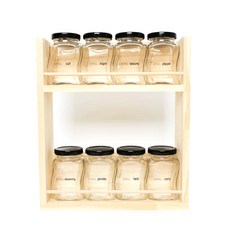핸드팩토리 양념통 웨이브 스몰 8p + 2단 양념통 우드선반 + 심플키친 라벨, 1세트, 양념통 블랙캡 + 우드선반 대 + 라벨 24종