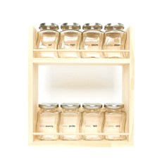 핸드팩토리 양념통 웨이브 스몰 8p + 2단 양념통 우드선반 + 심플키친 라벨, 1세트, 양념통 실버캡 + 우드선반 대 + 라벨 24종