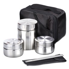 Kitchen-Art cocushell保溫便當盒 + 保鮮盒 2入 + 筷子 + 便當袋, 銀色, 1組