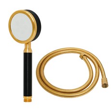 KOXINA 強力增壓輕量鋁製蓮蓬頭+金屬沐浴軟管 1.5m組, 1組, 蓮蓬頭(黑色 金色)+沐浴軟管(金色)