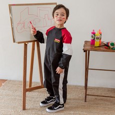 TABLIER 孩童拼色連身式長袖繪畫圍裙, 黑色的