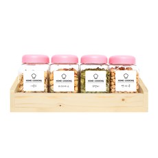 方型雜糧收納罐 粉蓋 4入+木頭收納盒+標籤貼紙 20款