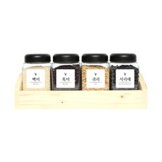 方型雜糧收納罐 黑蓋 4入+木頭收納盒+標籤貼紙 20款